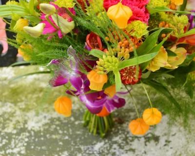 Tropical bridal bouquet. Colourful wedding flowers. Brighton.