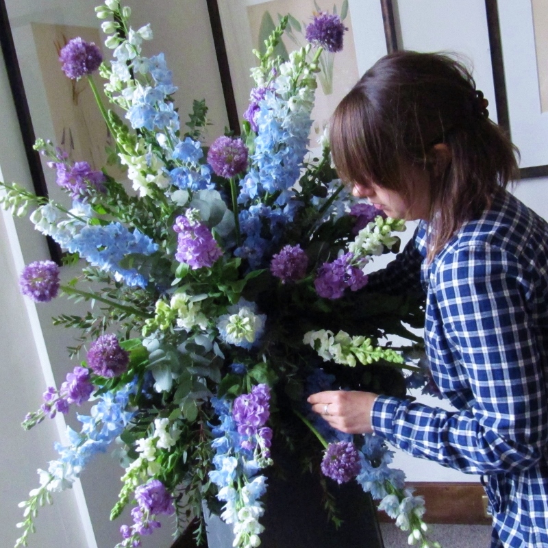 Blue wedding flowers, blue pedestal, blue wedding, delphinium pedestal, blue urn arrangement