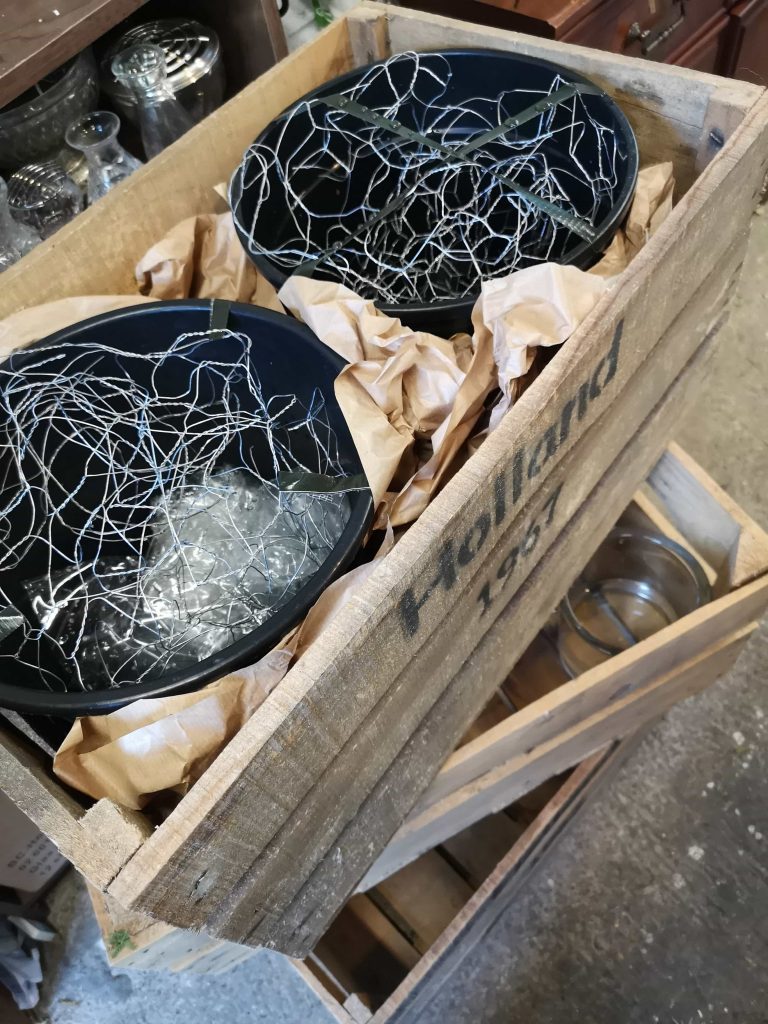 #NoFloralFoam chickenwire and buckets in a wooden crate ready to make a foam free flower arrangement