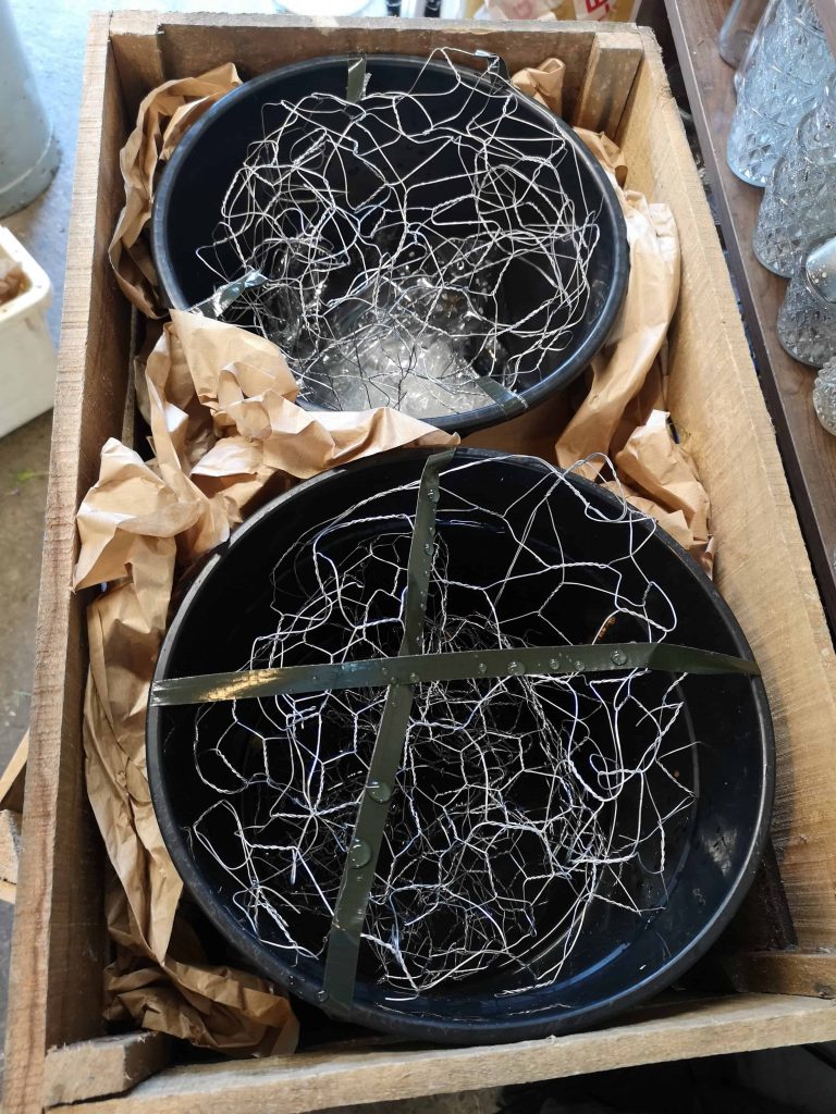 #NoFloralFoam chickenwire and buckets in a wooden crate ready to make a foam free flower arrangement