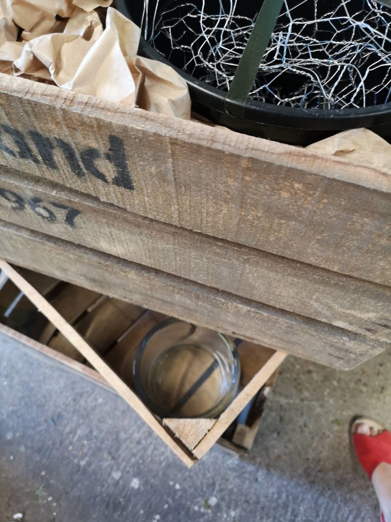 #NoFloralFoam chickenwire and buckets in a wooden crate ready to make a foam free flower arrangement