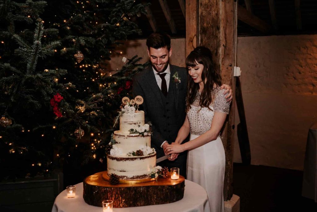 cake cutting in front of the Christmas tree at Pangdean Barn